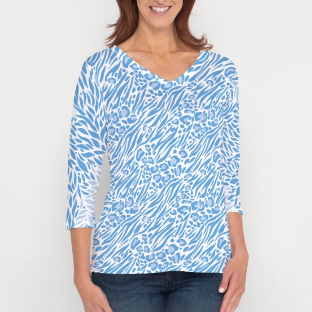 Whimsy Rose Blue & White 3/4 Sleeve Soft Cotton Blend Vneck Tee Made Cool USA